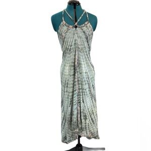 Nectar Creations green& tan tie dye maxi dress w/ uneven hem